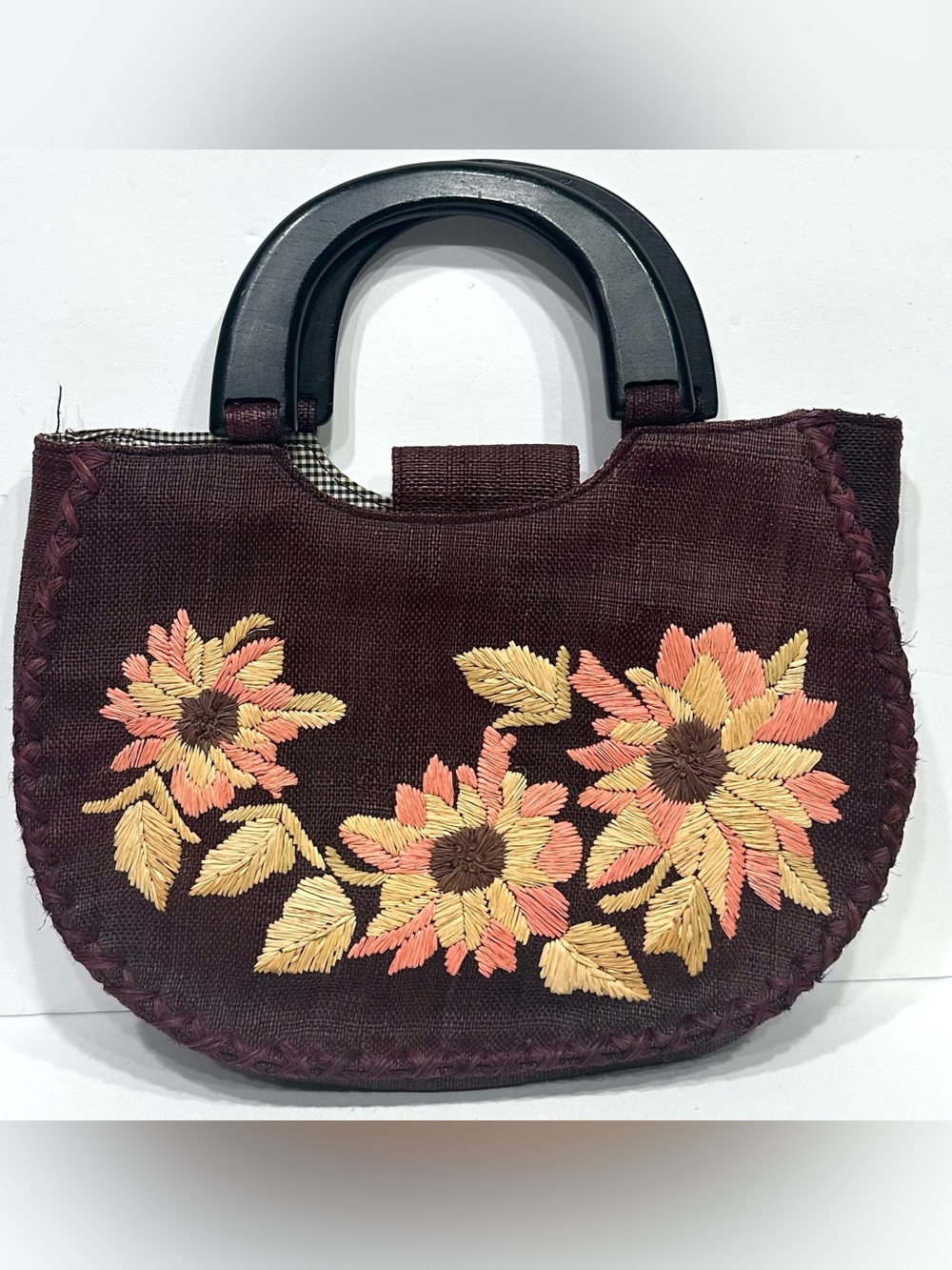 Talbots Embroidered Maroon Tote with Peach and Gold Floral Accents Boho Handbag
